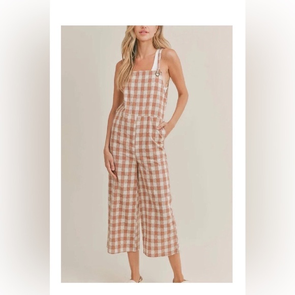 Sadie & Sage Pants - Sadie & Sage Brown and Cream Gingham Jumpsuit with Wide Leg NWT